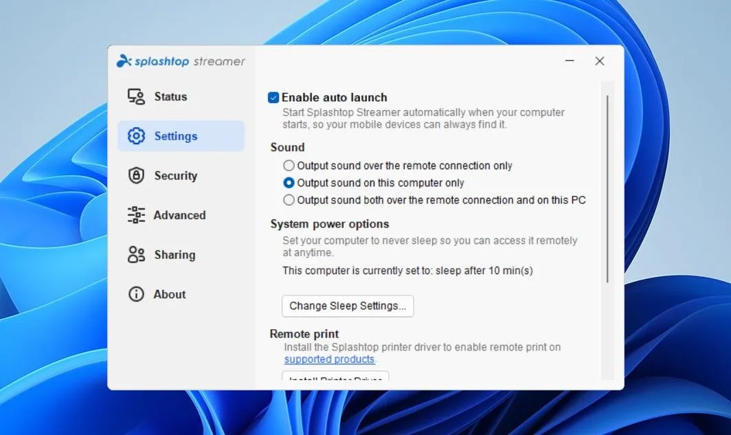 Tab 'Settings' trong ứng dụng Splashtop Streamer trên máy tính Windows với các tùy chọn cài đặt.