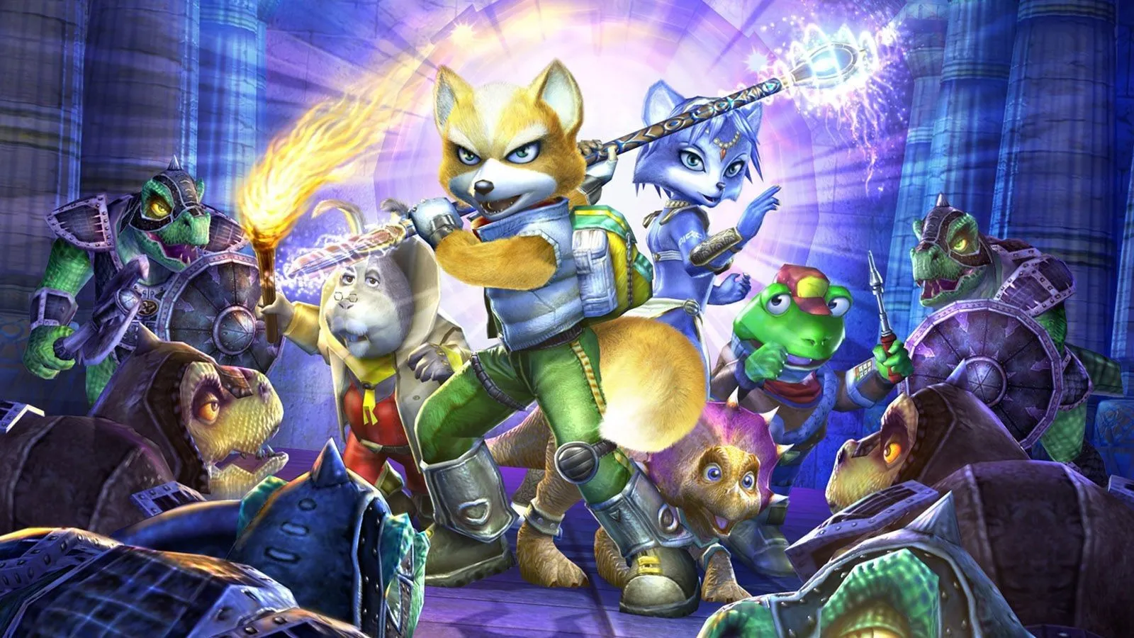 Tác phẩm nghệ thuật chủ đạo của Star Fox Adventures, với Fox McCloud và một khủng long