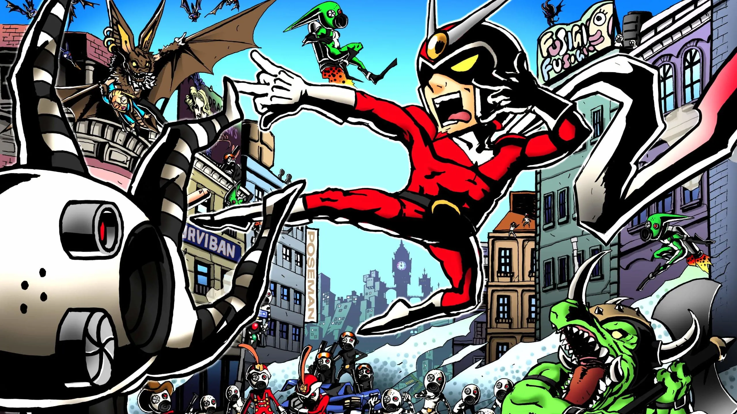 Tác phẩm nghệ thuật chủ đạo của Viewtiful Joe với Joe đang tạo dáng mạnh mẽ