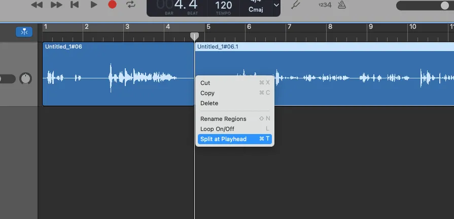 Tách một track âm thanh trong GarageBand tại vị trí thanh phát