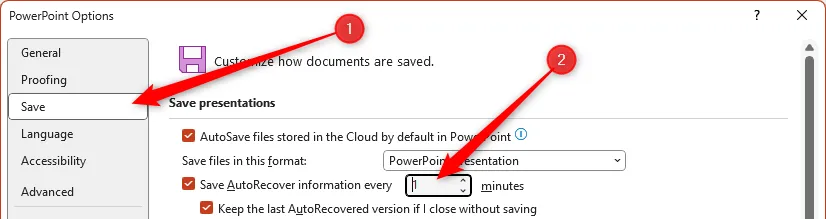 Tần suất lưu thông tin AutoRecover được thay đổi thành 'mỗi phút' trong cửa sổ Tùy chọn PowerPoint