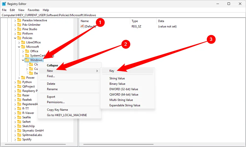 Tạo khóa Registry mới trong Registry Editor