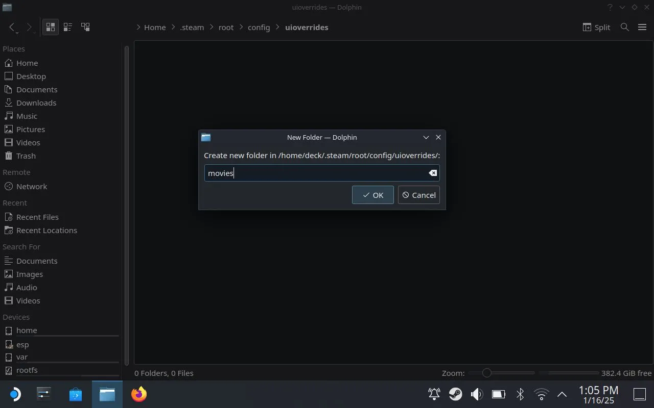 Tạo một thư mục mới trong File Manager của Steam Deck ở chế độ máy tính để bàn, minh họa quá trình người dùng tạo thư mục uioverrides.