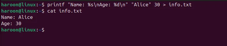 Tạo và xem nội dung file với định dạng nâng cao bằng lệnh printf và cat trên Linux.