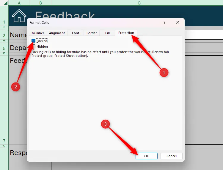 Tất cả các ô được chọn trong một workbook Excel, và &quot;Locked&quot; được chọn trong tab Protection của hộp thoại Format Cells.