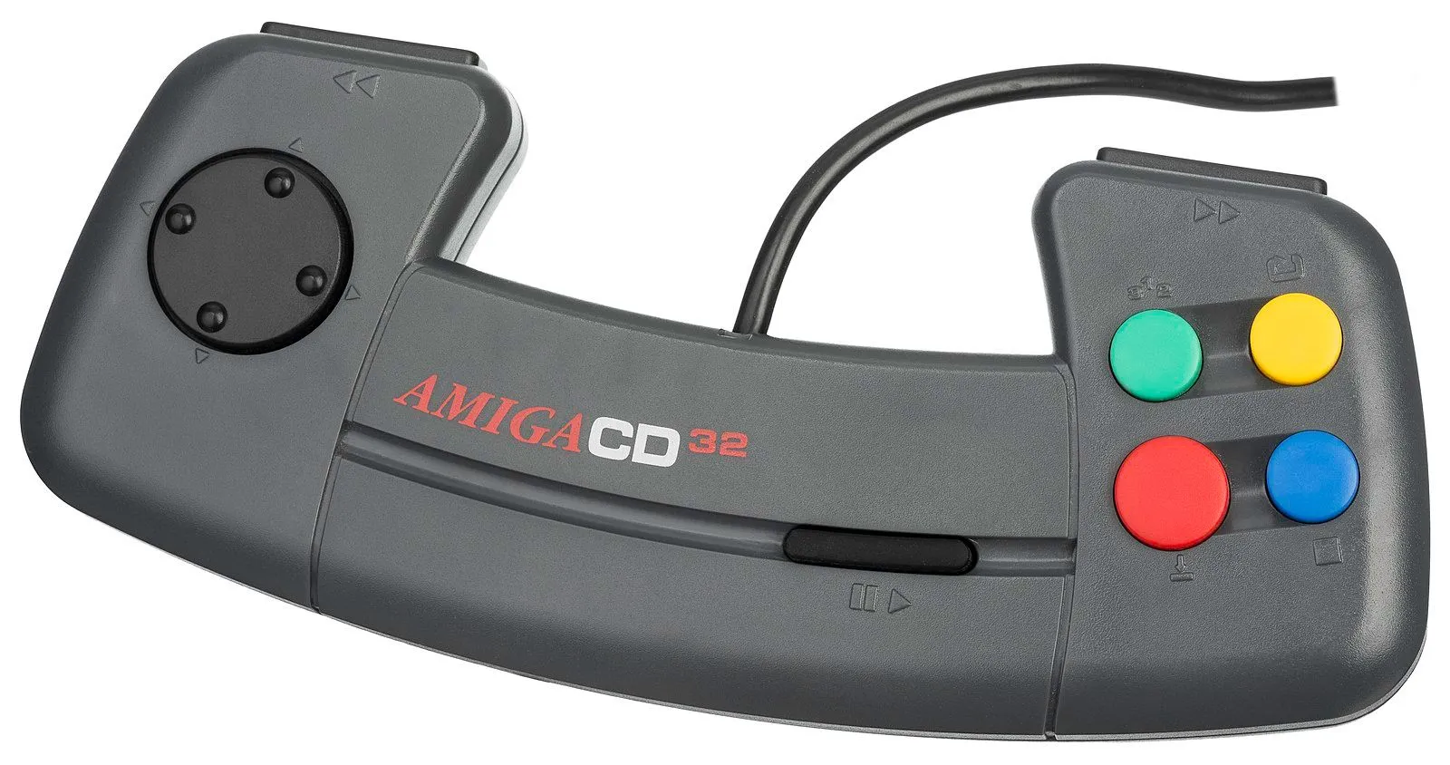 Tay cầm Amiga CD32 với hình dáng giống cần lái và nút bấm không phản hồi.