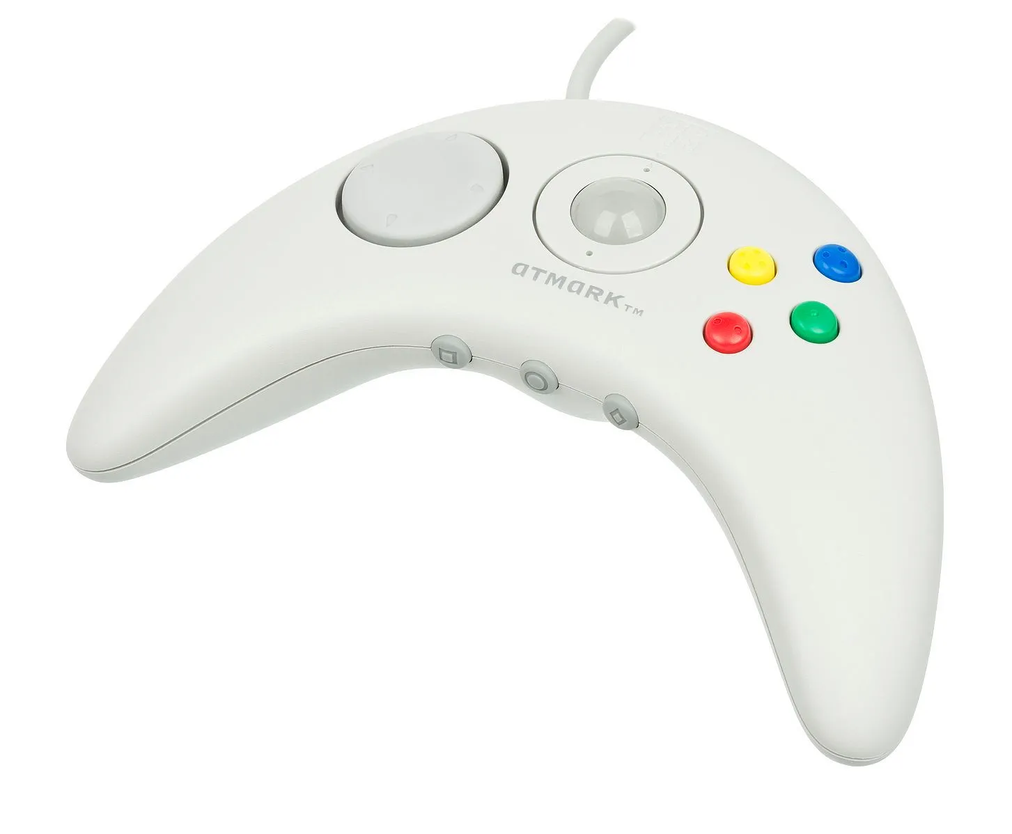 Tay cầm Apple Bandai Pippin hình boomerang tích hợp bi xoay trung tâm.