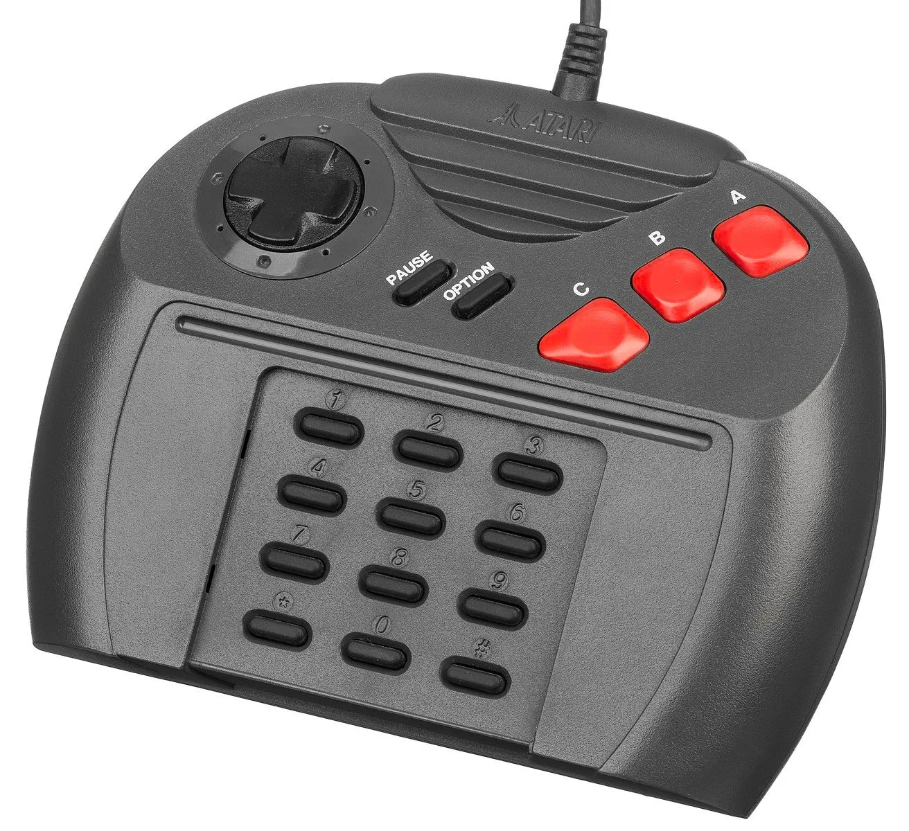 Tay cầm Atari Jaguar với bàn phím số 12 nút đặc trưng.
