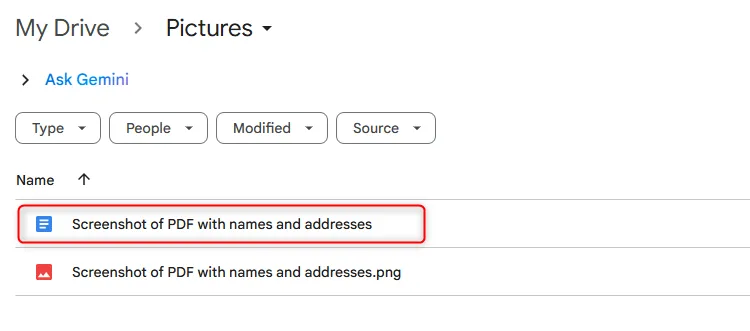 Tệp Google Docs được tự động tạo và lưu cùng tên với tệp PNG trong Google Drive