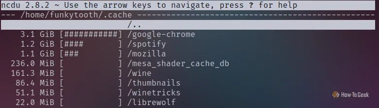 Terminal Linux hiển thị kết quả quét ncdu với các tệp bộ nhớ đệm lớn từ Google Chrome, Spotify và Mozilla Firefox, chỉ ra chúng là nguyên nhân chiếm dung lượng đáng kể.