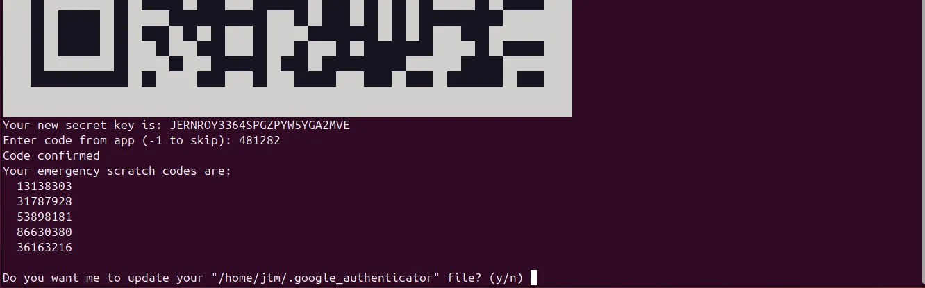 Terminal Ubuntu hiển thị các mã khôi phục khẩn cấp (scratch codes) của Google Authenticator sau khi thiết lập 2FA.
