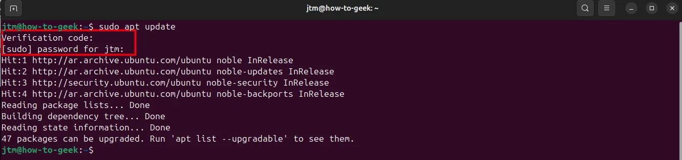 Terminal Ubuntu hiển thị lệnh sudo yêu cầu nhập mã xác thực 2FA và mật khẩu để xác minh, chứng tỏ 2FA đã được kích hoạt thành công.