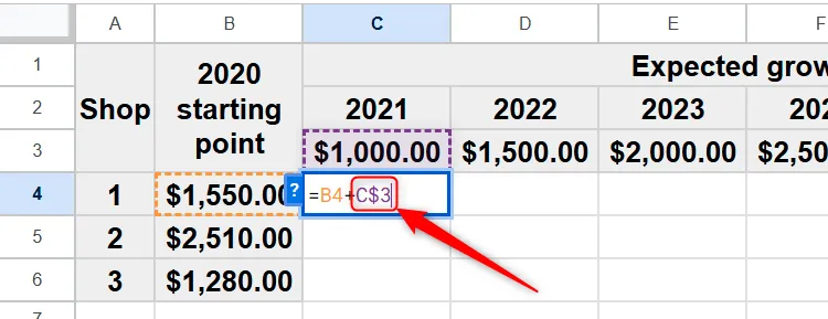 Tham chiếu hỗn hợp C trong Google Sheets, cố định hàng 3 (tốc độ tăng trưởng) nhưng cho phép cột thay đổi