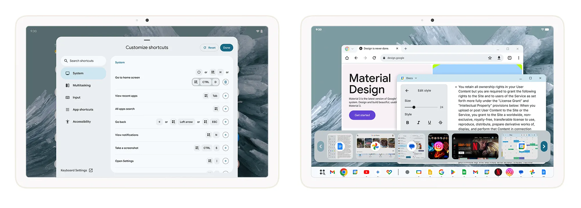 Thanh tác vụ trên máy tính bảng Android 16 hiển thị các ứng dụng đang chạy và chế độ bàn phím