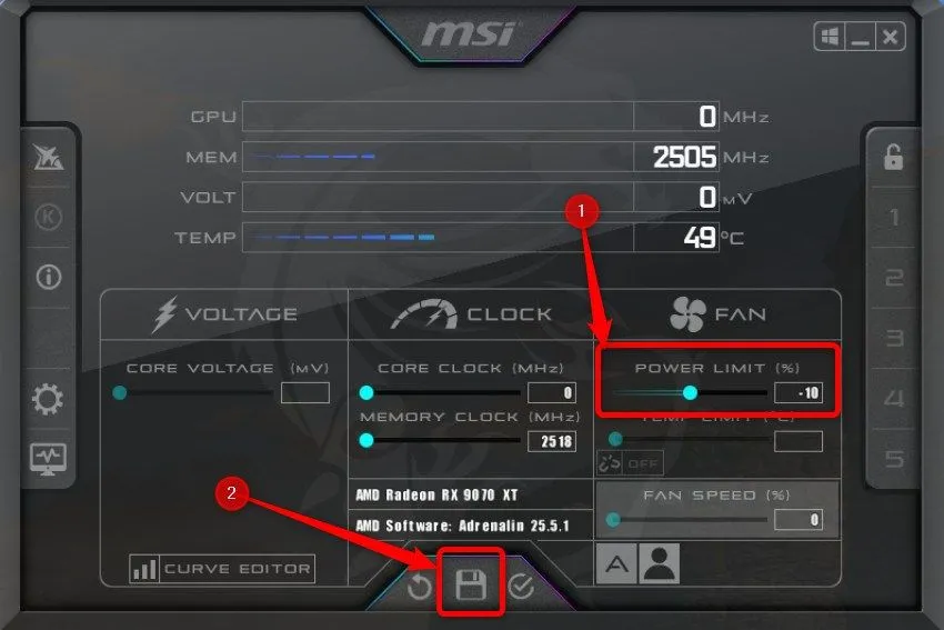 Thanh trượt Power Limit trong MSI Afterburner để giới hạn công suất GPU NVIDIA RTX 40 và 50 Series