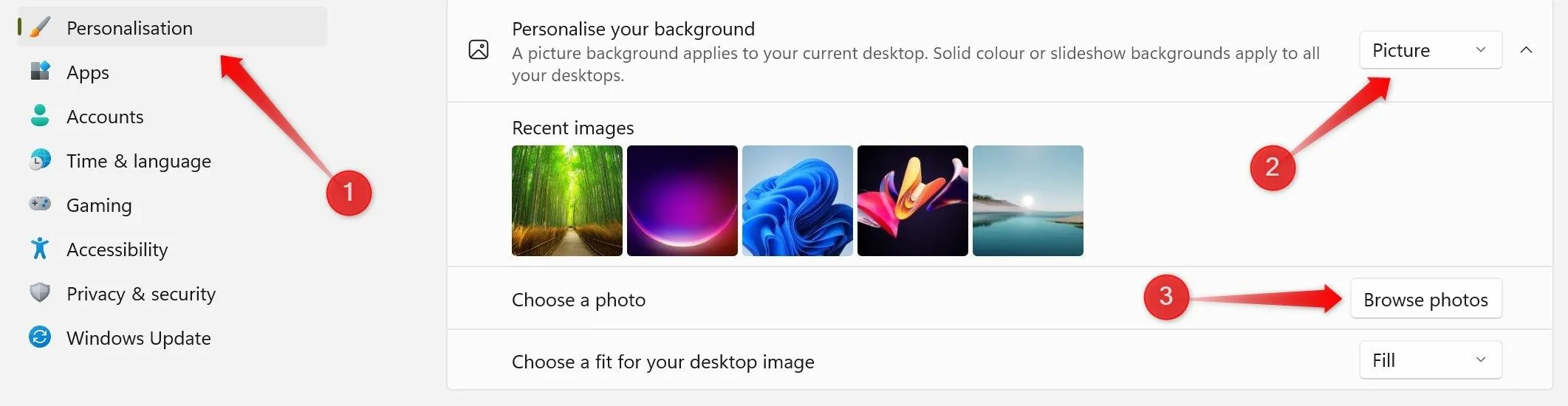 Thay đổi hình nền desktop trong cài đặt cá nhân hóa của Windows 11 với một hình ảnh mới