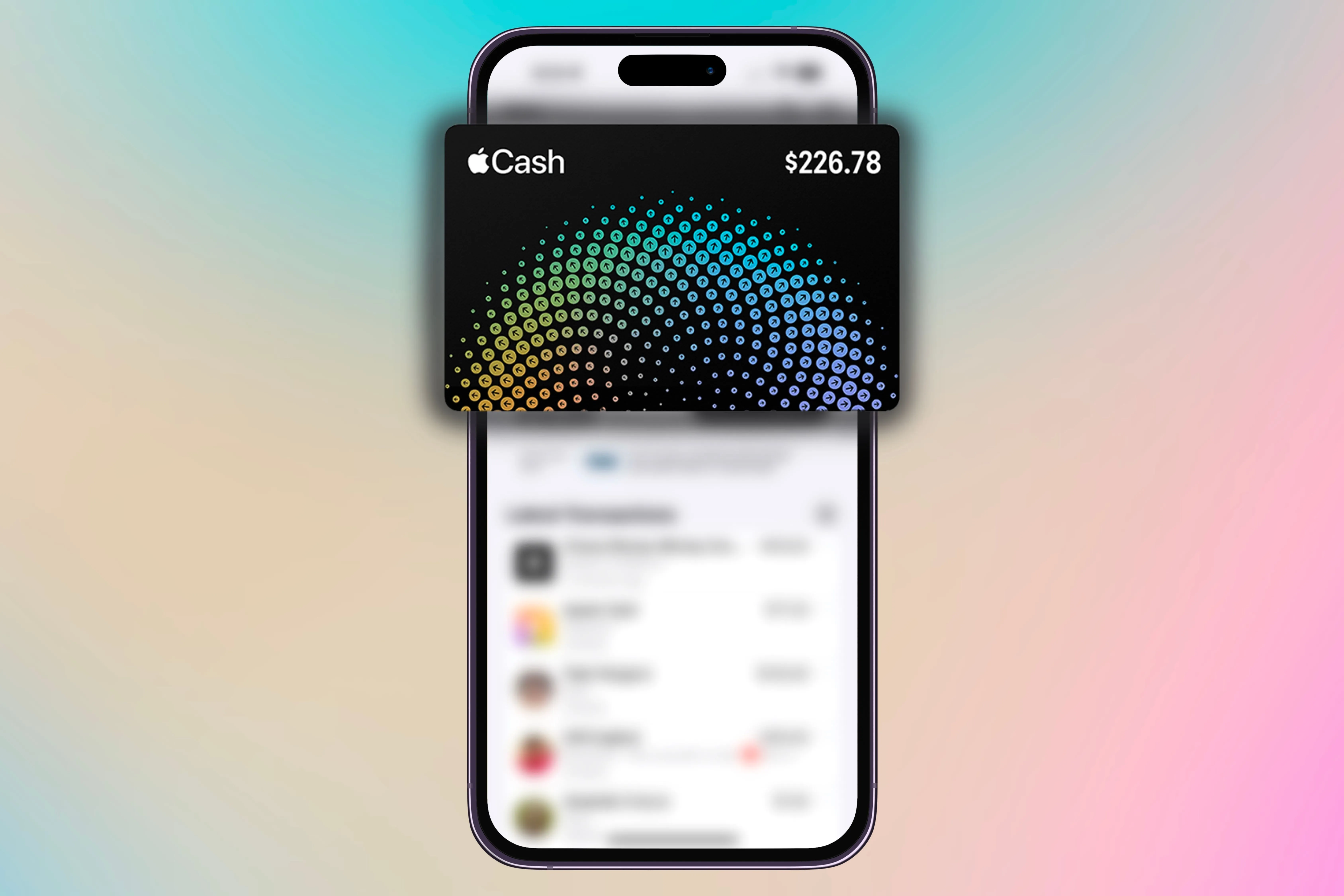 Thẻ Apple Cash và các giao dịch được hiển thị nổi bật trên nền màu sắc, minh họa phương thức thanh toán thuận tiện như Apple Pay để quản lý chi phí trong gói cước gia đình.