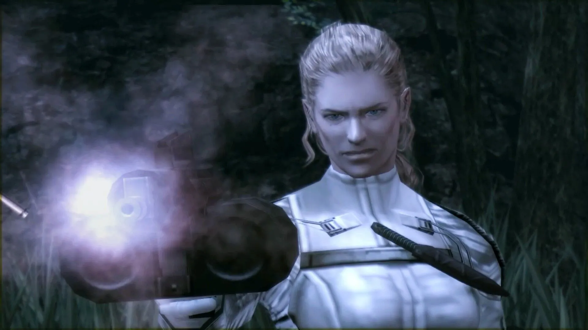 The Boss trong Metal Gear Solid 3: Snake Eater đang bắn súng về phía người chơi.