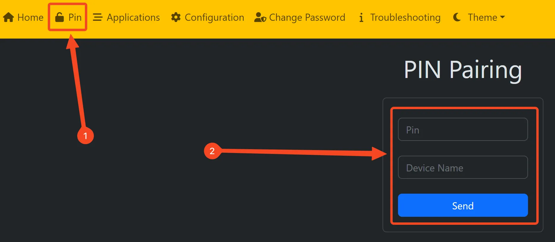 Thẻ ghép nối mã PIN của Sunshine Web UI.