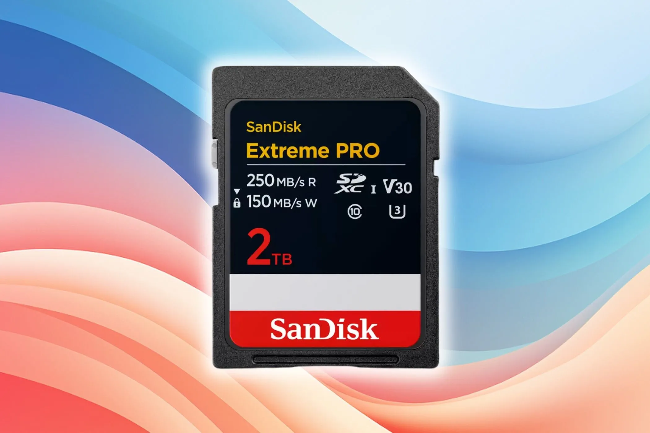 Thẻ nhớ SanDisk Extreme Pro 2TB SD Card trên nền màu sắc, thể hiện các giải pháp lưu trữ đa dạng từ Sandisk.