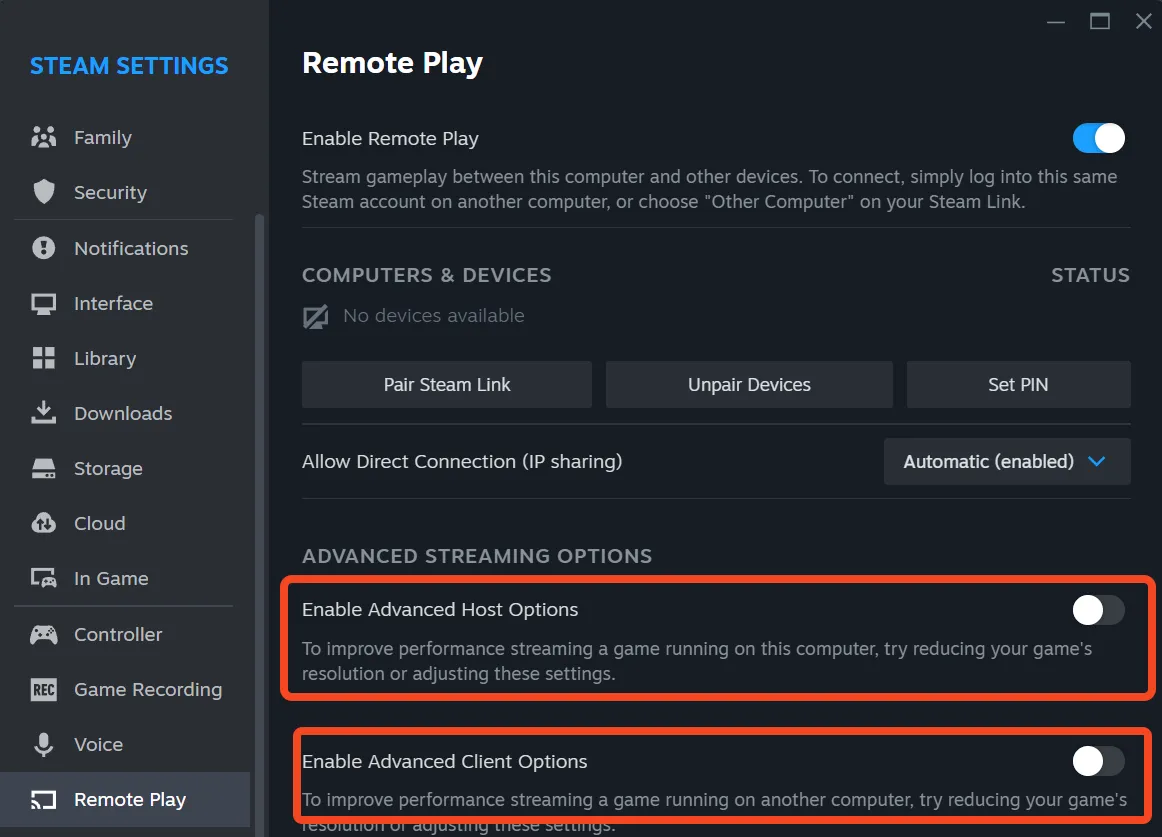 Thẻ Remote Play của Steam với các tùy chọn nâng cao.