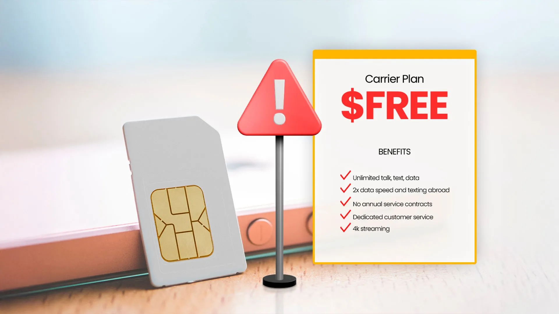 Thẻ SIM, điện thoại và biểu tượng gói cước nhà mạng cùng biển cảnh báo ở trung tâm, minh họa những điều khoản ẩn trong các ưu đãi viễn thông.