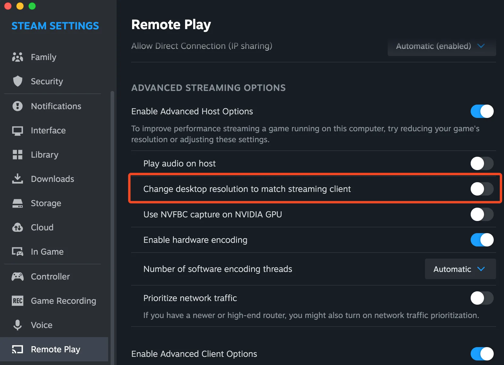 Thẻ tùy chọn Remote Play của Steam với tùy chọn độ phân giải màn hình.