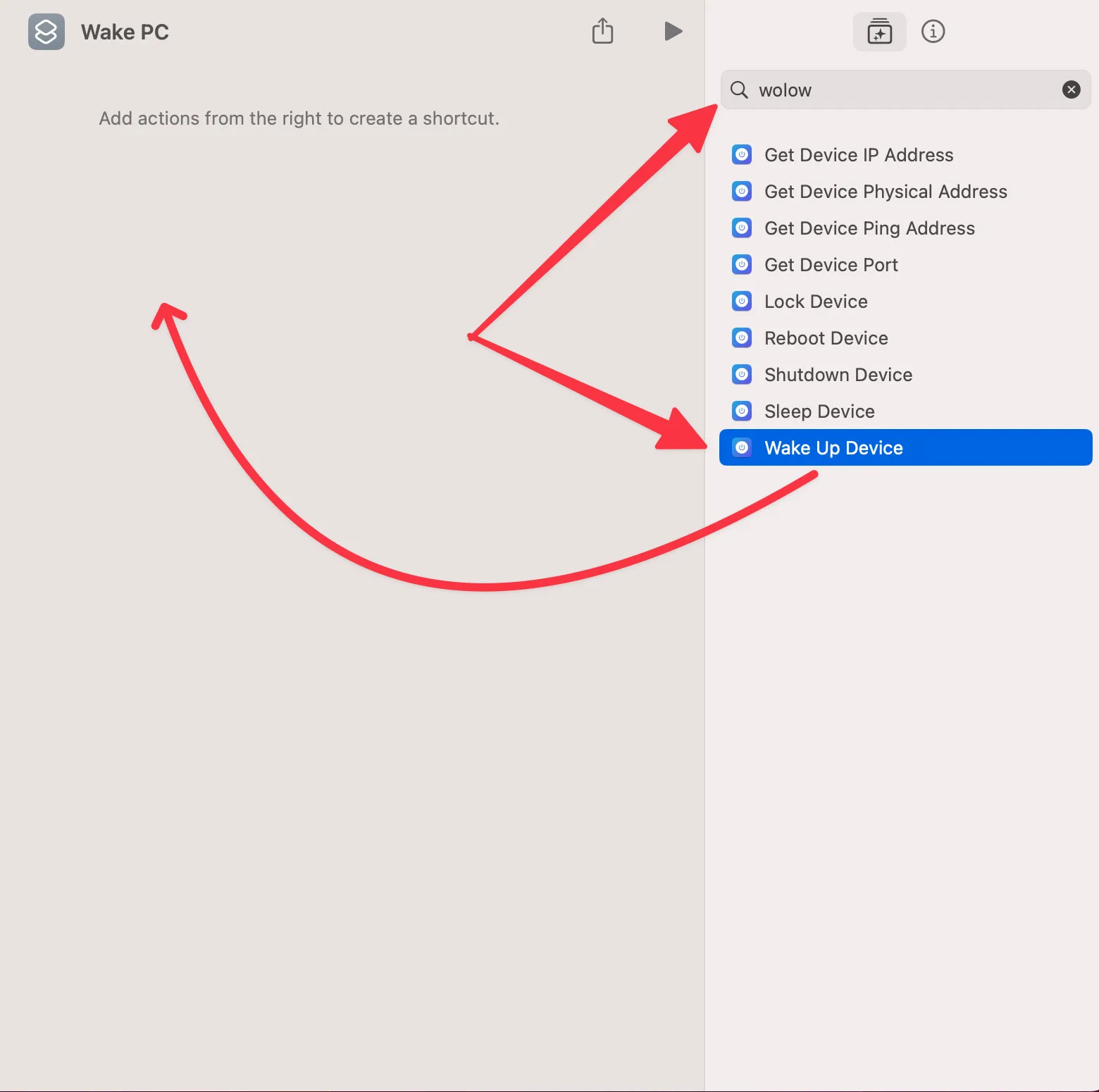 Thêm hành động &quot;Wake Up Device&quot; của Wolow vào ứng dụng Phím tắt (Shortcuts) trên iPhone.