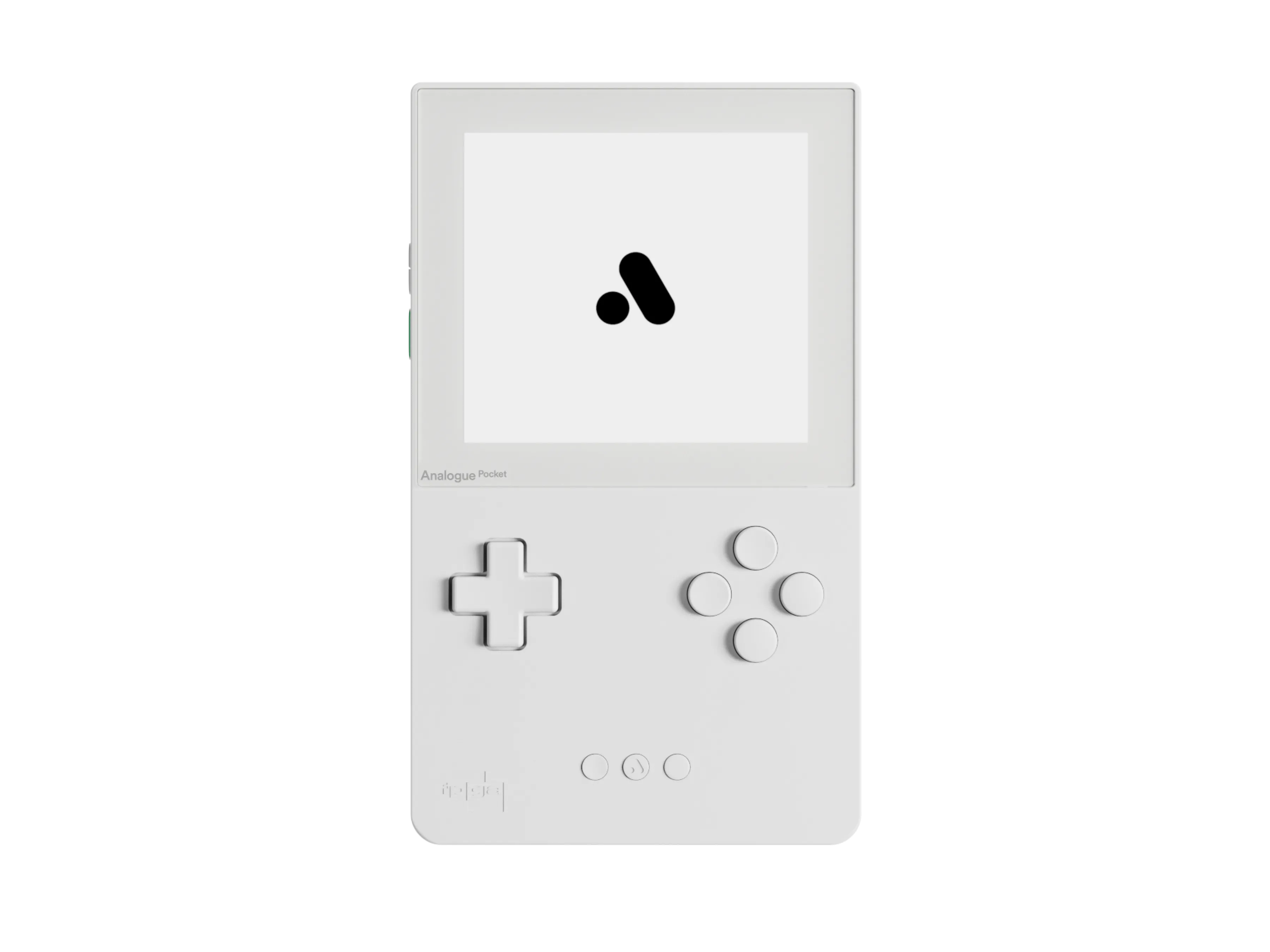 Thiết bị chơi game cầm tay Analogue Pocket màu trắng với màn hình sáng hiển thị game cổ điển, thể hiện sự kết hợp giữa công nghệ hiện đại và hoài niệm retro.