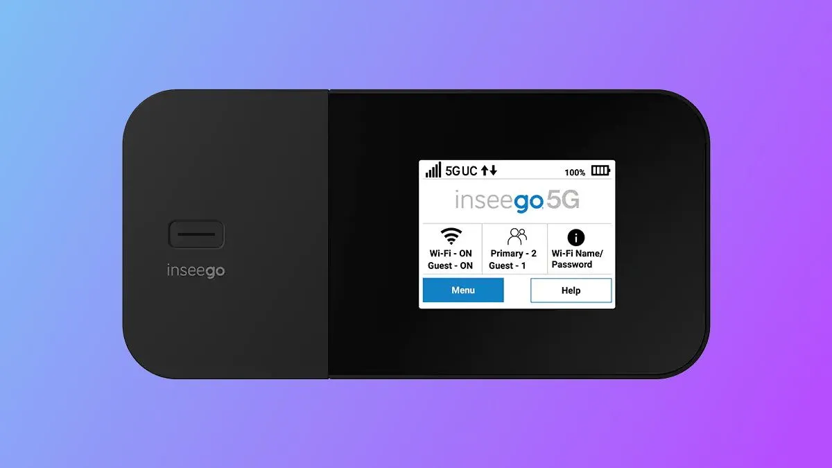Thiết bị phát Wi-Fi di động Inseego MiFi X Pro 5G màu đen, đặt trên nền chuyển màu xanh và tím, với màn hình hiển thị thông tin rõ ràng, minh họa khả năng kết nối 5G tốc độ cao của T-Mobile và hỗ trợ Wi-Fi 6.