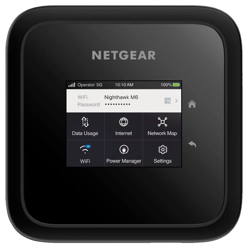 Thiết bị phát WiFi di động Netgear Nighthawk M6 MR6150, một cục phát 5G hiện đại, màu đen, hiển thị trên nền trắng, nhấn mạnh khả năng hỗ trợ Wi-Fi 6 và pin khủng, lý tưởng cho người dùng tìm kiếm mobile hotspot không khóa.