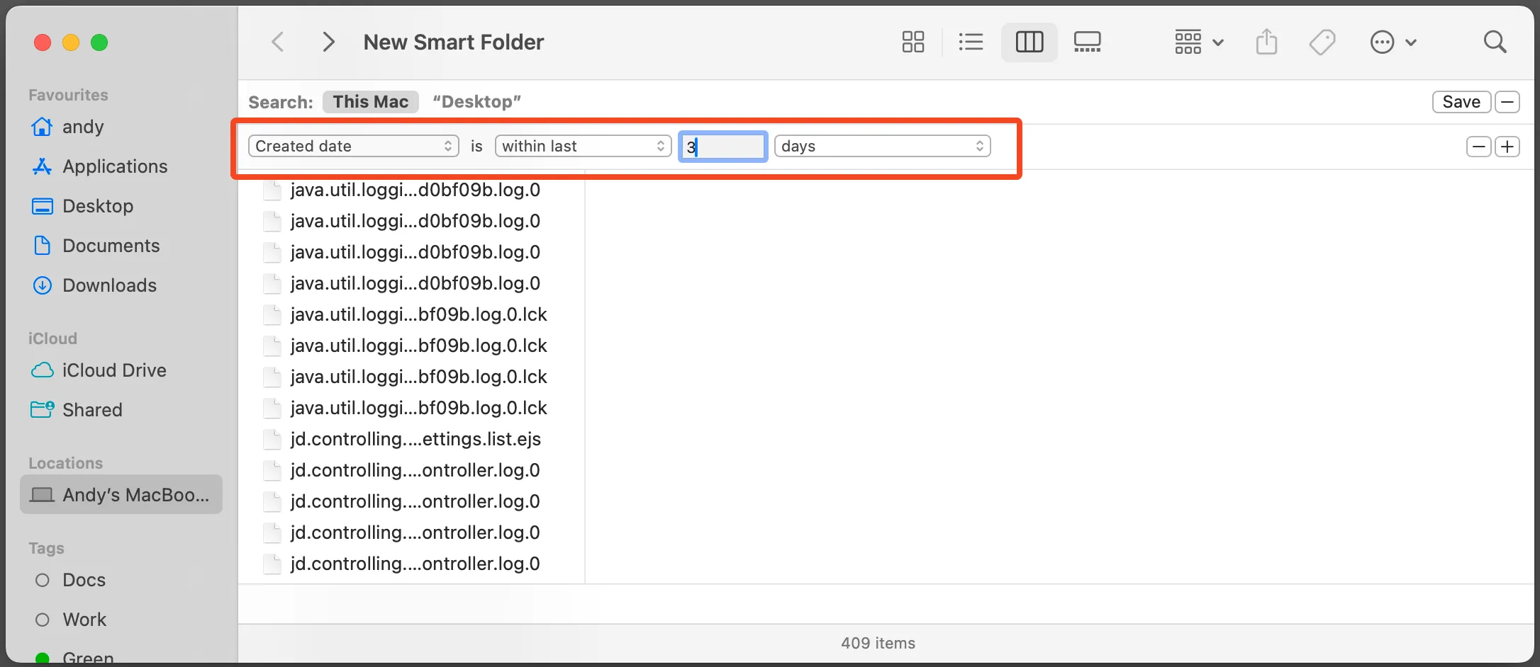 Thiết lập một quy tắc Smart Folder để tìm các tệp được tạo trong 3 ngày gần nhất trên hệ điều hành macOS.
