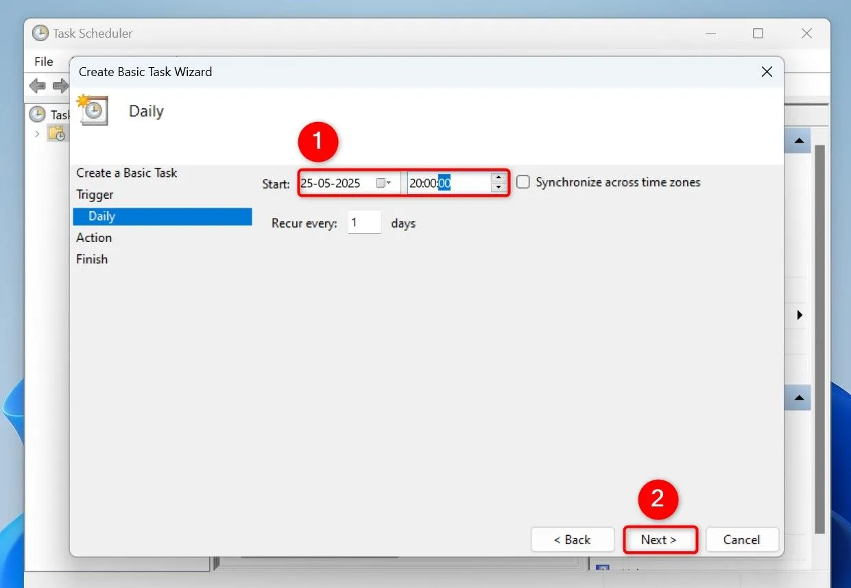 Thiết lập ngày và giờ bắt đầu cho tác vụ tự động xóa file tạm trong Task Scheduler của Windows 11.