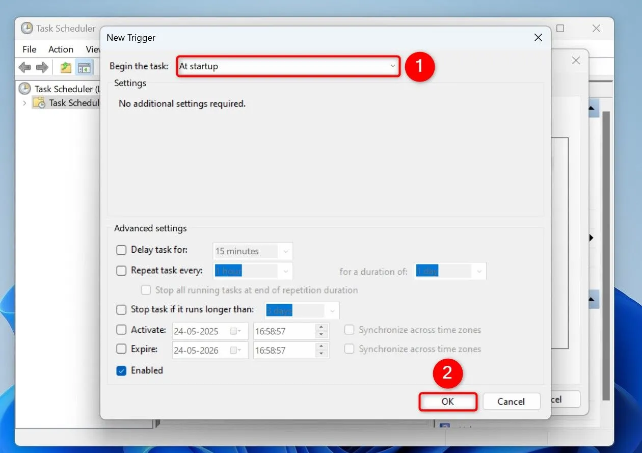 Thiết lập tác vụ xóa file tạm chạy tự động &quot;At Startup&quot; (Khi khởi động) PC thông qua thẻ Triggers trong Task Scheduler.