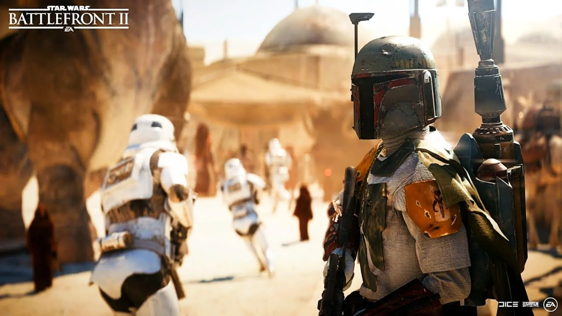 Thợ săn tiền thưởng Boba Fett đứng cạnh lính Stormtrooper đang chạy trốn trong Star Wars Battlefront 2, thể hiện yếu tố nhân vật biểu tượng.