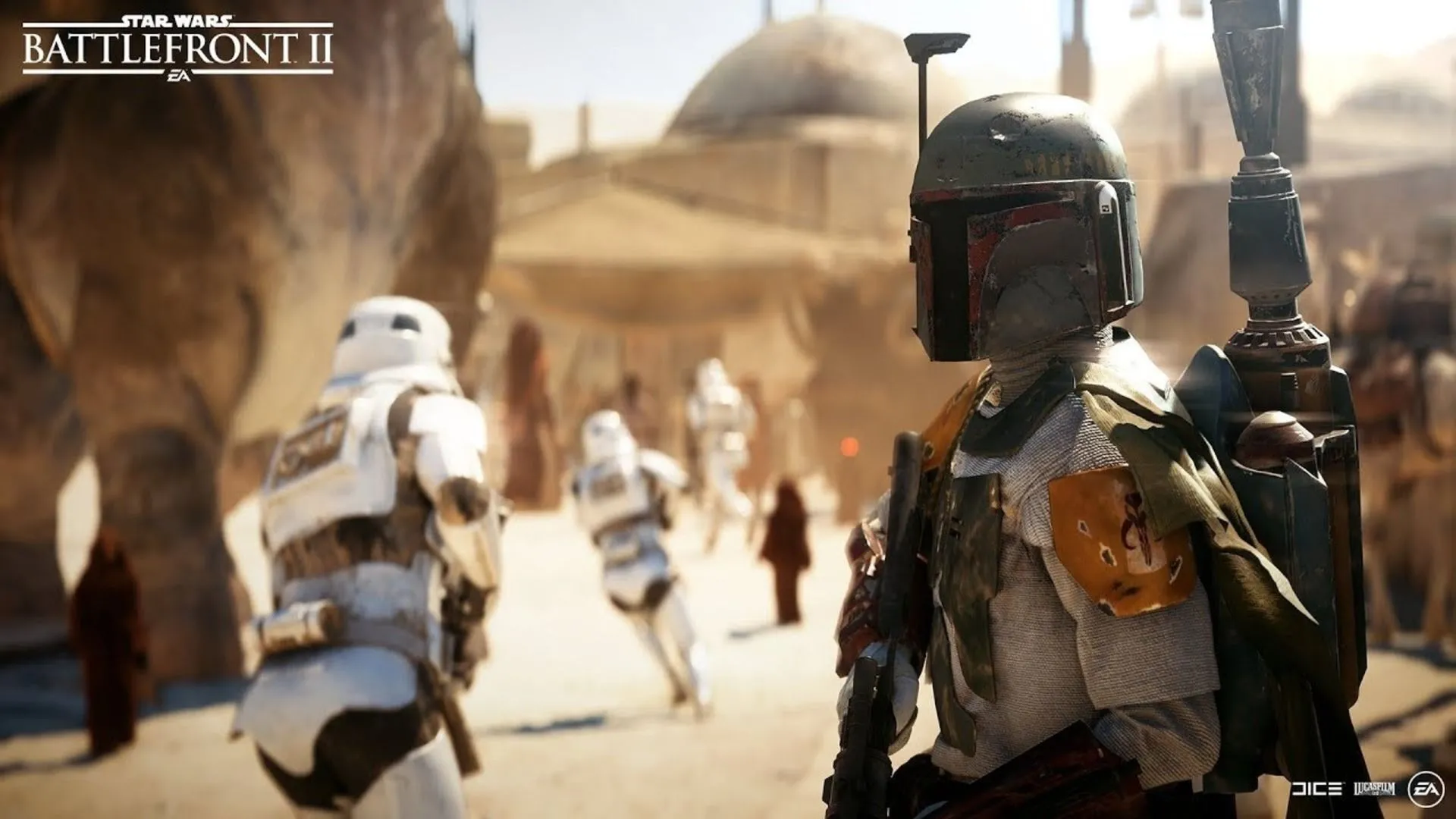 Thợ săn tiền thưởng huyền thoại Boba Fett trong một phân cảnh của Star Wars Battlefront II, nổi bật với bộ giáp quen thuộc, tượng trưng cho các nhân vật anh hùng độc đáo trong game
