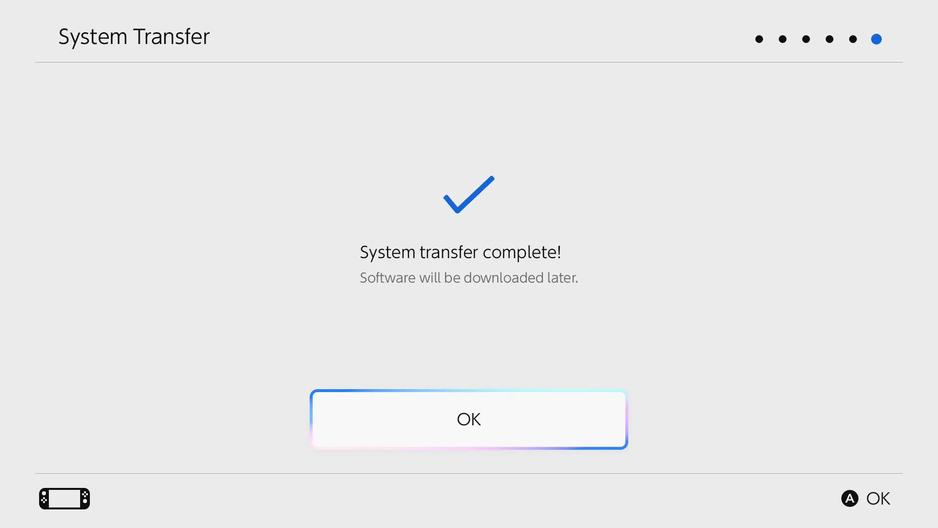 Thông báo &quot;System Transfer Complete&quot; (Chuyển Hệ Thống Hoàn Tất) trên màn hình Nintendo Switch 2.