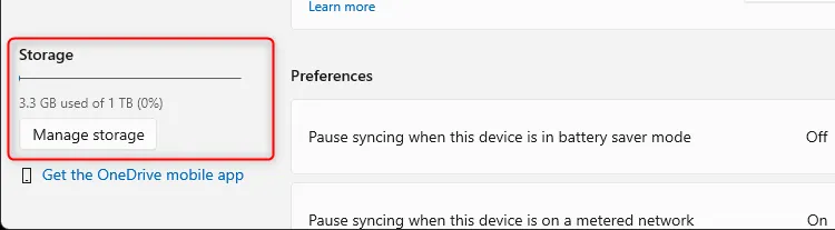 Thông tin dung lượng lưu trữ OneDrive hiển thị trong cửa sổ Cài đặt OneDrive, bao gồm tổng dung lượng và mức đã sử dụng