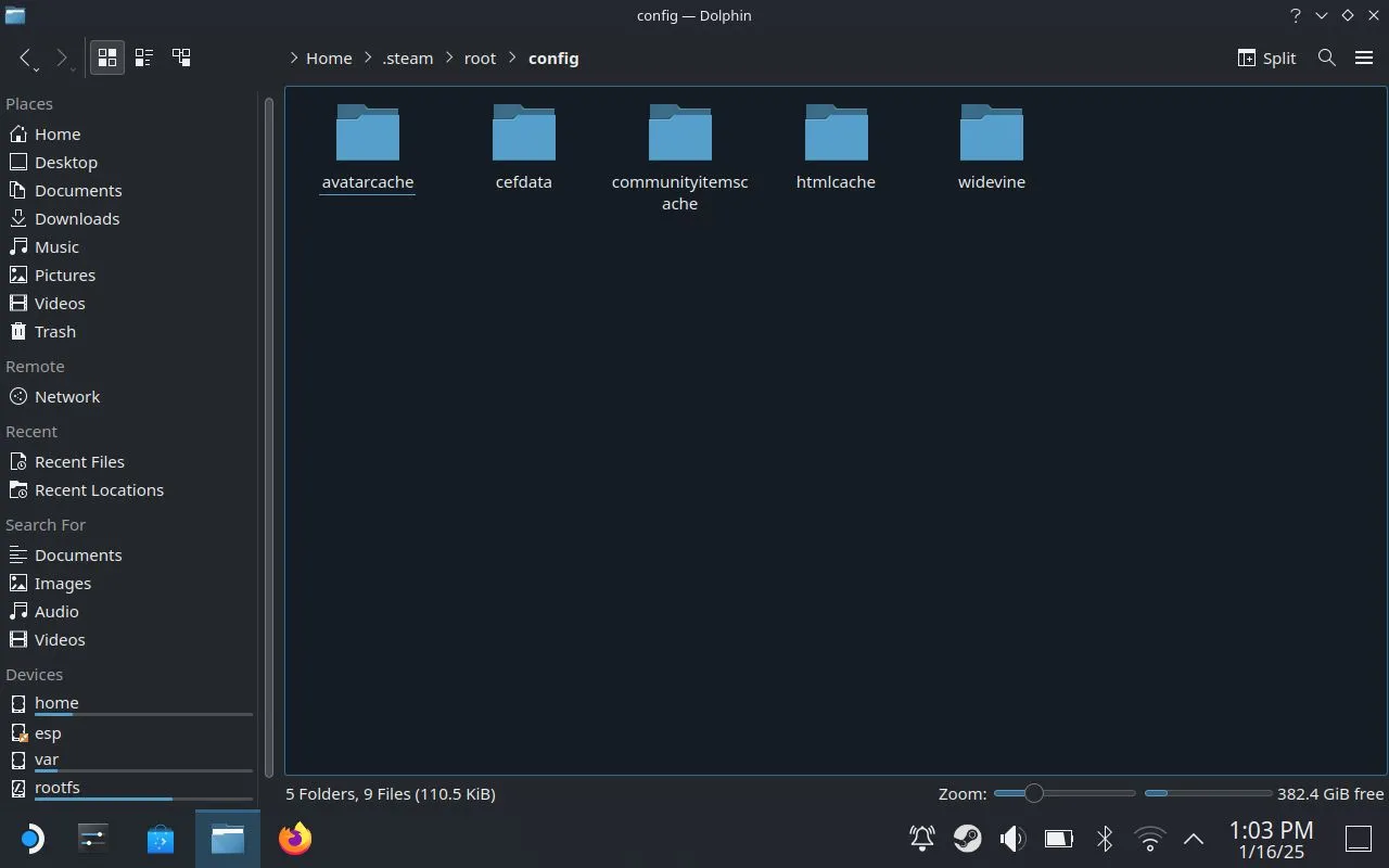 Thư mục config trong File Manager của Steam Deck ở chế độ máy tính để bàn, cho phép người dùng truy cập các tệp cấu hình hệ thống.
