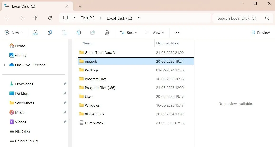 Thư mục inetpub xuất hiện trong ổ đĩa C của Windows