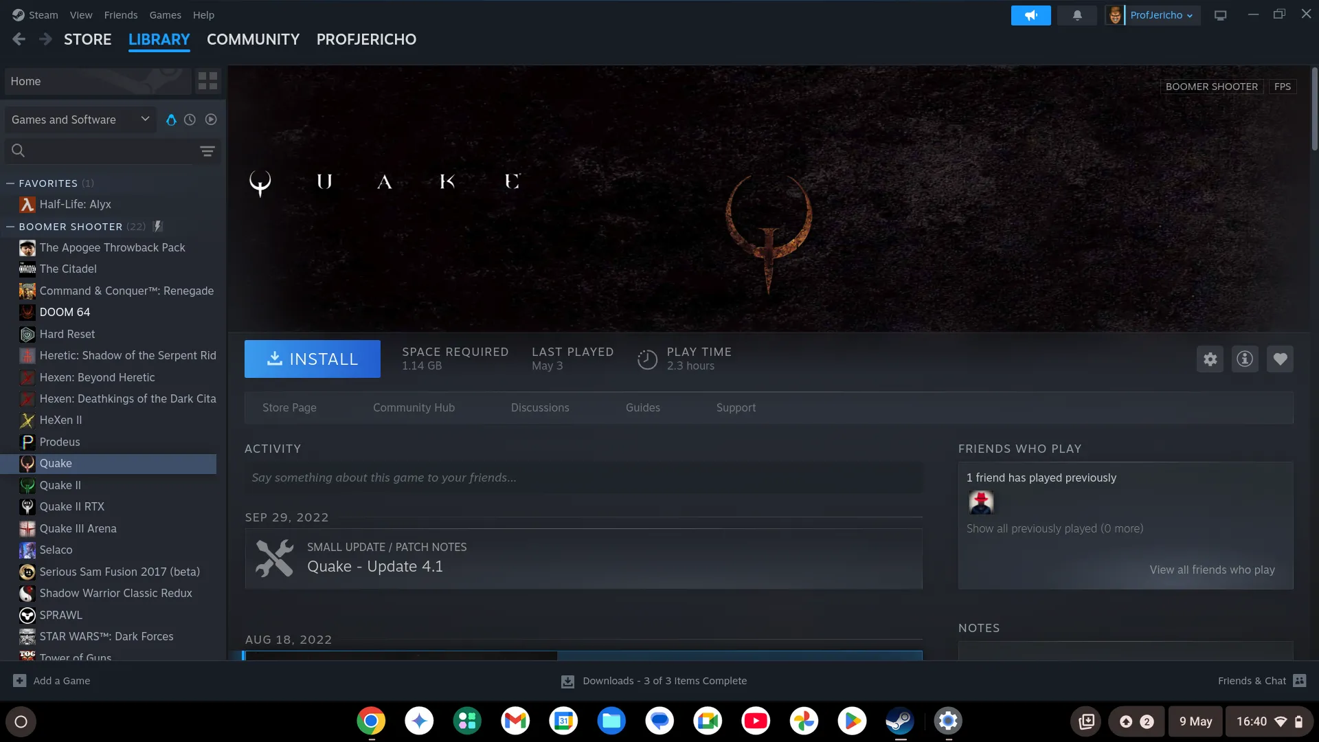 Thư viện game Steam hiển thị trên giao diện ChromeOS của Chromebook Plus, minh họa khả năng chạy nhiều tựa game.