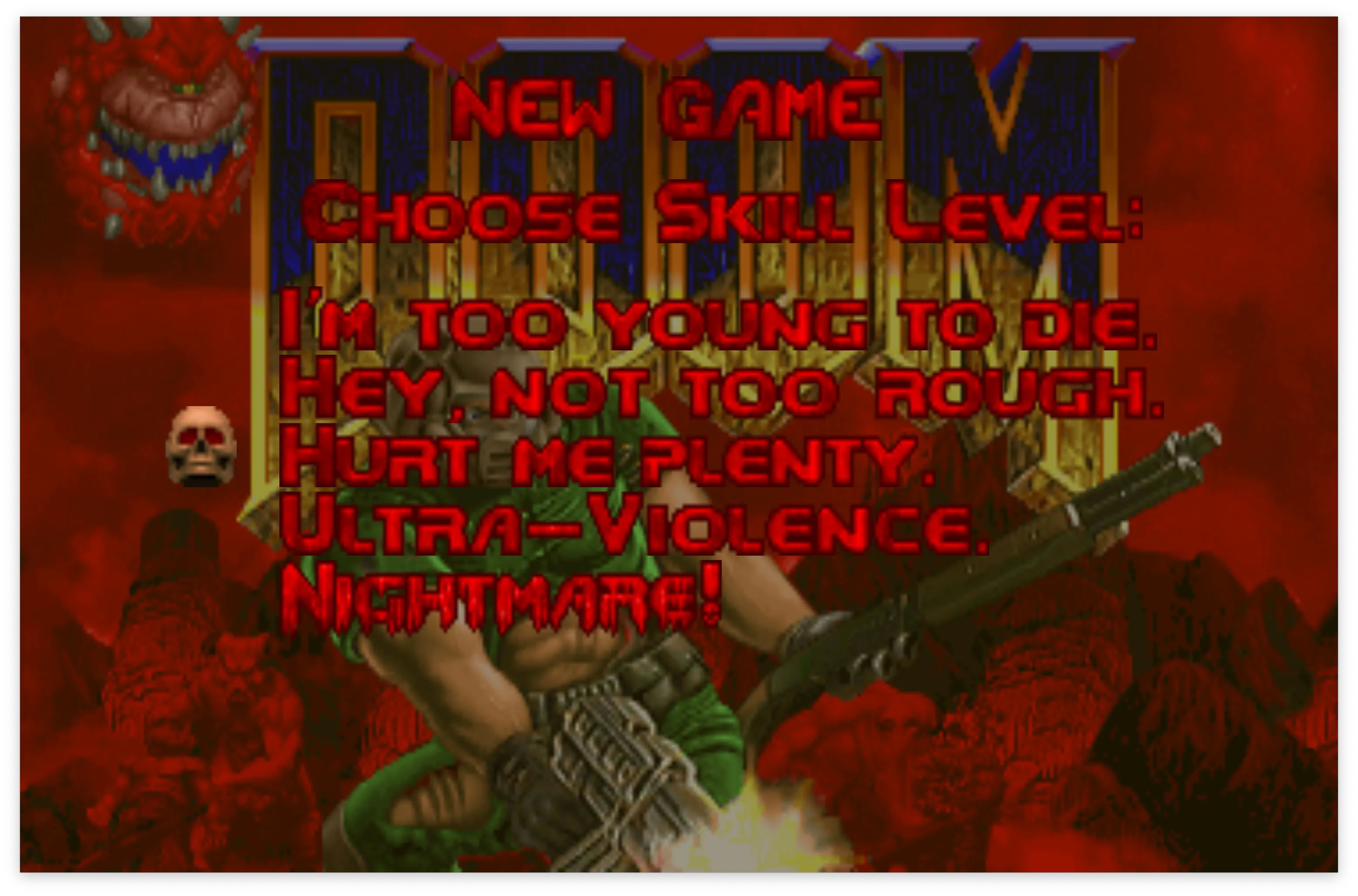 Thực đơn cài đặt độ khó của tựa game DOOM kinh điển, cho thấy các tùy chọn mức độ thử thách.