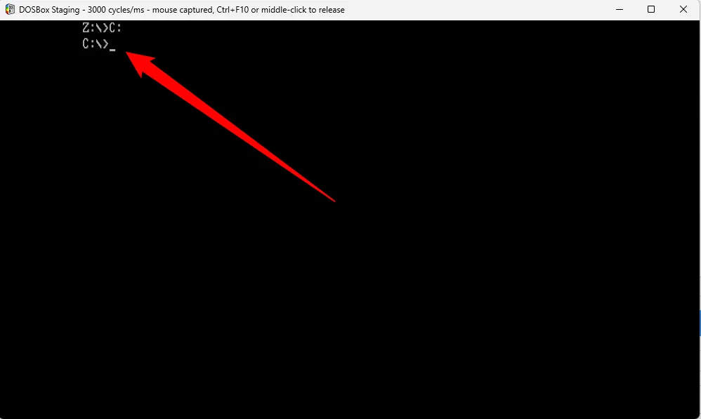 Thực hiện lệnh C: để chuyển từ ổ Z: mặc định sang ổ C: ảo trong DOSBox Staging