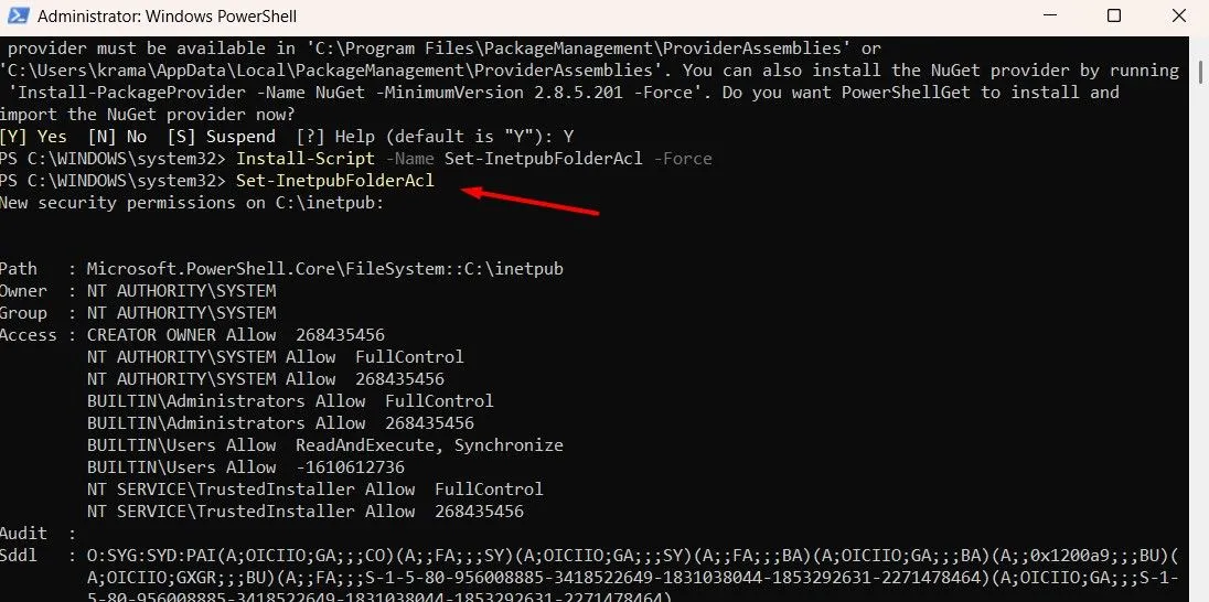 Thực thi lệnh Set-InetpubFolderAcl để tạo lại thư mục inetpub trong PowerShell