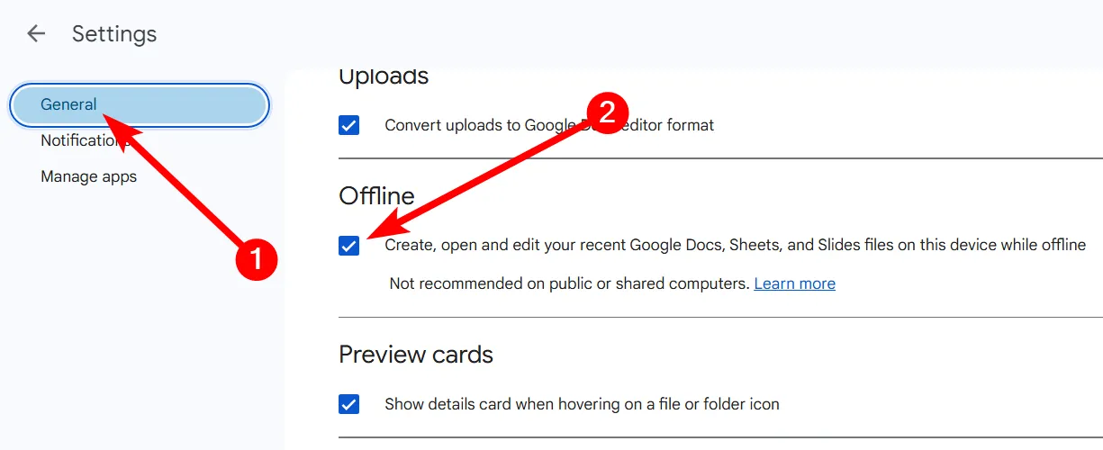 Tích chọn để bật chế độ ngoại tuyến cho Google Drive trong phần cài đặt chung.