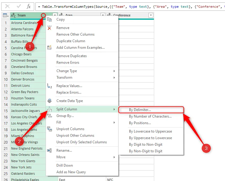 Tiêu đề cột trong Power Query Editor của Excel được chọn qua chuột phải, và tùy chọn &quot;By Delimiter&quot; (Theo Dấu phân cách) trong &quot;Split Column&quot; (Tách Cột) được chọn.