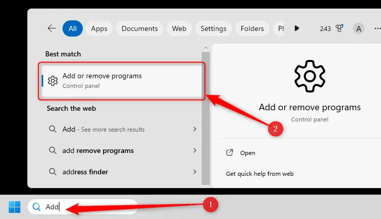 Tìm kiếm 'Add' trong thanh tác vụ Windows 11 và chọn 'Add Or Remove Programs' (Thêm hoặc xóa chương trình) từ kết quả