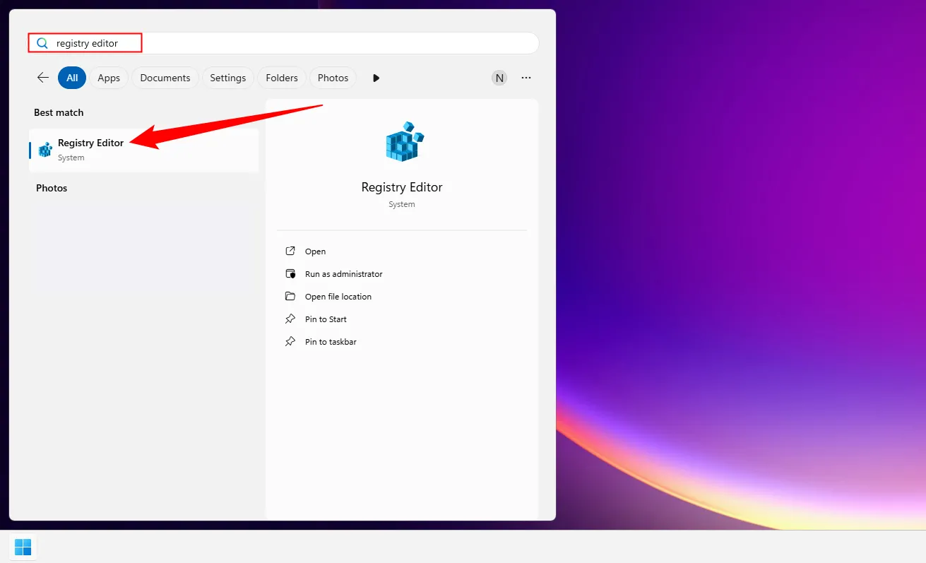 Tìm kiếm Registry Editor trong menu Start của Windows