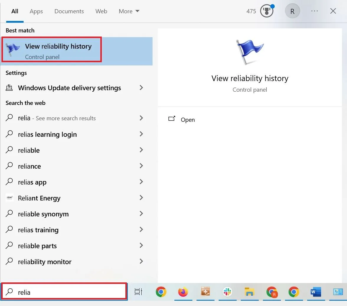 Tìm kiếm và mở Reliability Monitor từ thanh Start Menu của Windows 11