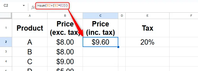 Tính giá sản phẩm sau thuế bằng công thức ban đầu trong Google Sheets, trước khi cố định tham chiếu E2